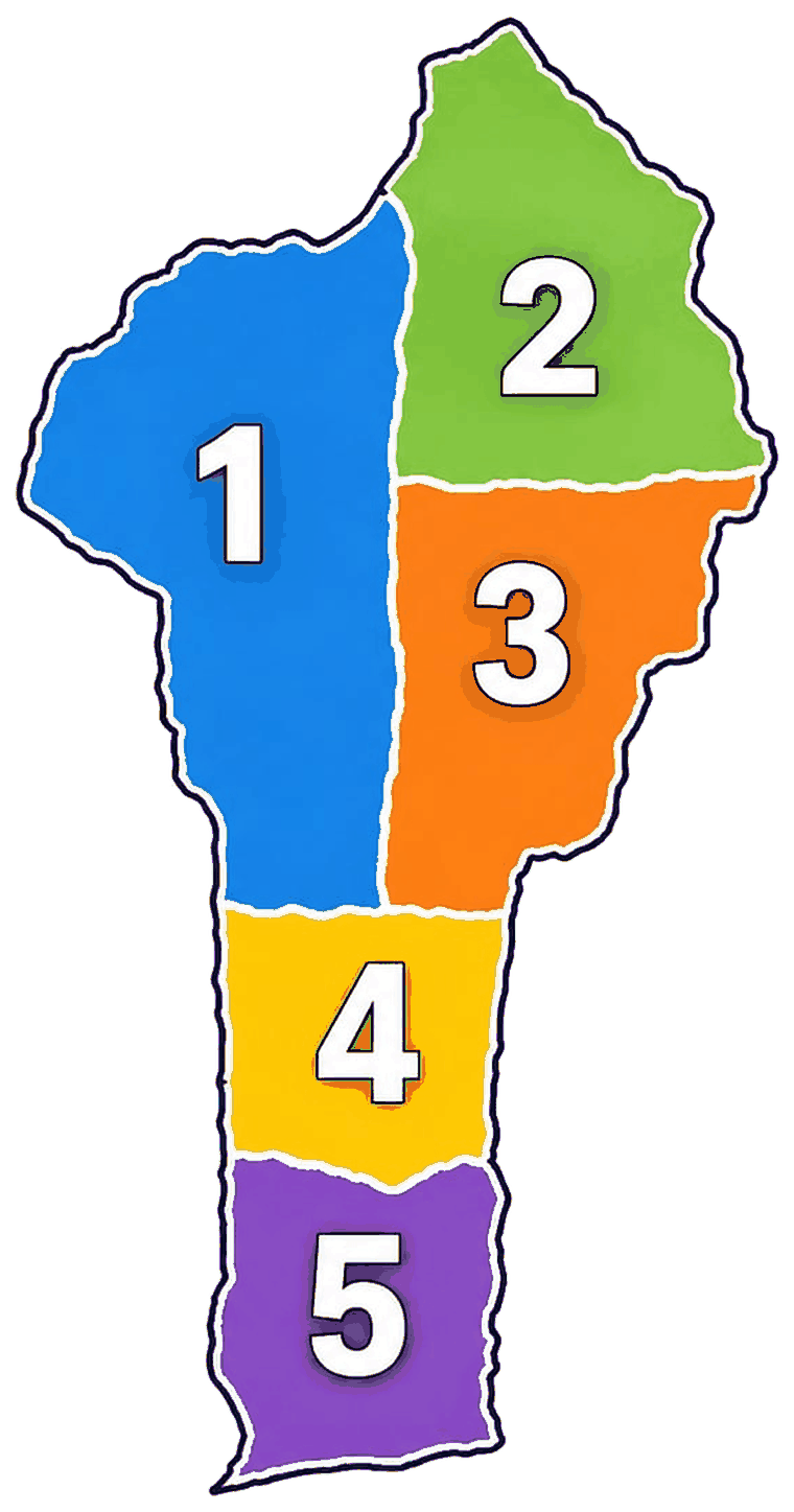 Carte du Bénin découpée en cinq délégations territoriales d'OEICB-SUD, numérotées de 1 à 5 du nord-ouest au sud